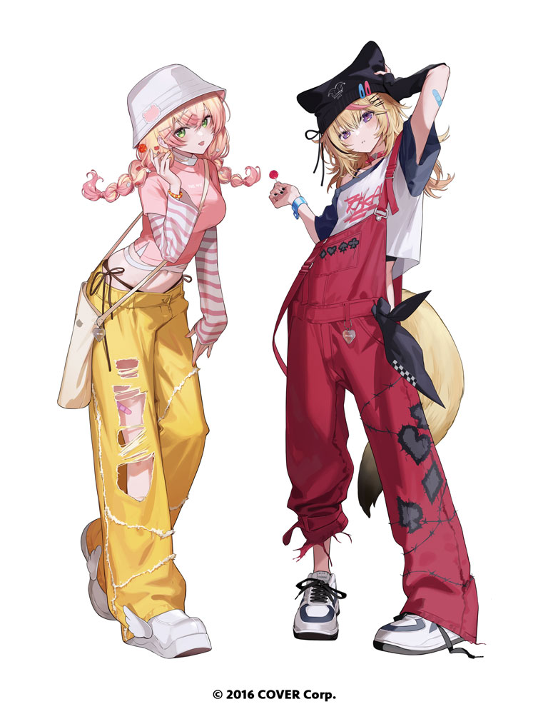 2girls bag black_headwear black_panties blonde_hair braid bucket_hat candy commentary_request copyright_notice food fox_girl fox_tail full_body green_eyes hair_ornament hairclip hat holding holding_candy holding_food holding_lollipop hololive itefu leaning_forward lollipop long_hair looking_at_viewer midriff momosuzu_nene multicolored_hair multiple_girls navel omaru_polka overalls panties pants pink_hair pink_shirt red_overalls shirt shoes shoulder_bag side-tie_panties simple_background standing streaked_hair striped_sleeves t-shirt tail tongue tongue_out torn_clothes torn_pants twin_braids underwear violet_eyes virtual_youtuber white_background white_footwear white_headwear yellow_pants