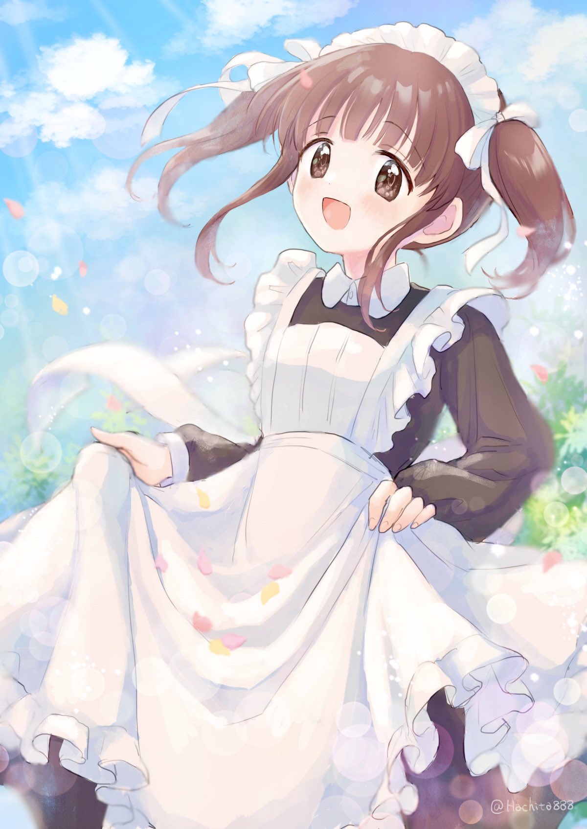 1girl apron black_dress blue_sky blush bow breasts brown_eyes brown_hair clouds day dot_nose dress falling_petals frilled_apron frills hair_bow hair_ribbon highres idolmaster idolmaster_cinderella_girls idolmaster_cinderella_girls_starlight_stage lens_flare lens_flare_abuse long_hair long_sleeves looking_at_viewer maid maid_headdress mitsuyahachiko ogata_chieri open_mouth outdoors petals ribbon sidelocks skirt_hold sky small_breasts smile solo sunlight tree twintails twitter_username waist_bow white_apron white_bow white_headdress white_ribbon