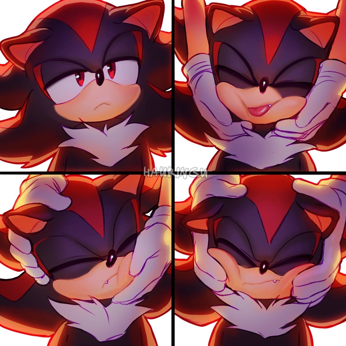 2boys animal_ears animal_nose closed_eyes closed_mouth fang fang_out furry furry_male gloves hands_on_another's_face highres male_focus multiple_boys multiple_views red_eyes shadow_the_hedgehog solo_focus sonic_(series) sonic_the_hedgehog tongue tongue_out white_gloves