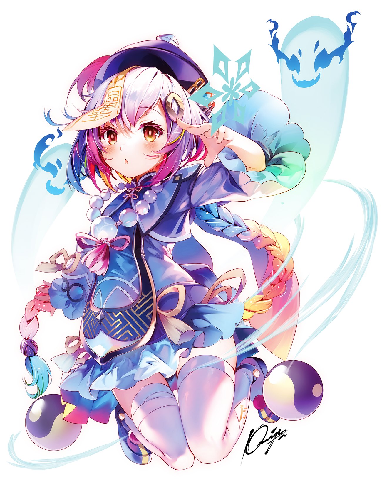 1girl bead_necklace beads black_footwear blush braid braided_ponytail coin_hair_ornament colorful commentary dress feet_up floating full_body genshin_impact ghost hair_ornament hand_up hat highres jewelry jiangshi kamiya_yuu long_hair long_sleeves looking_at_viewer necklace ofuda_on_head ofuda_on_leg open_mouth orb purple_dress purple_hair purple_headwear qingdai_guanmao qiqi_(genshin_impact) red_eyes signature snowflakes solo talisman tassel thigh-highs thighs vision_(genshin_impact) white_background white_thighhighs wind yin_yang yin_yang_orb