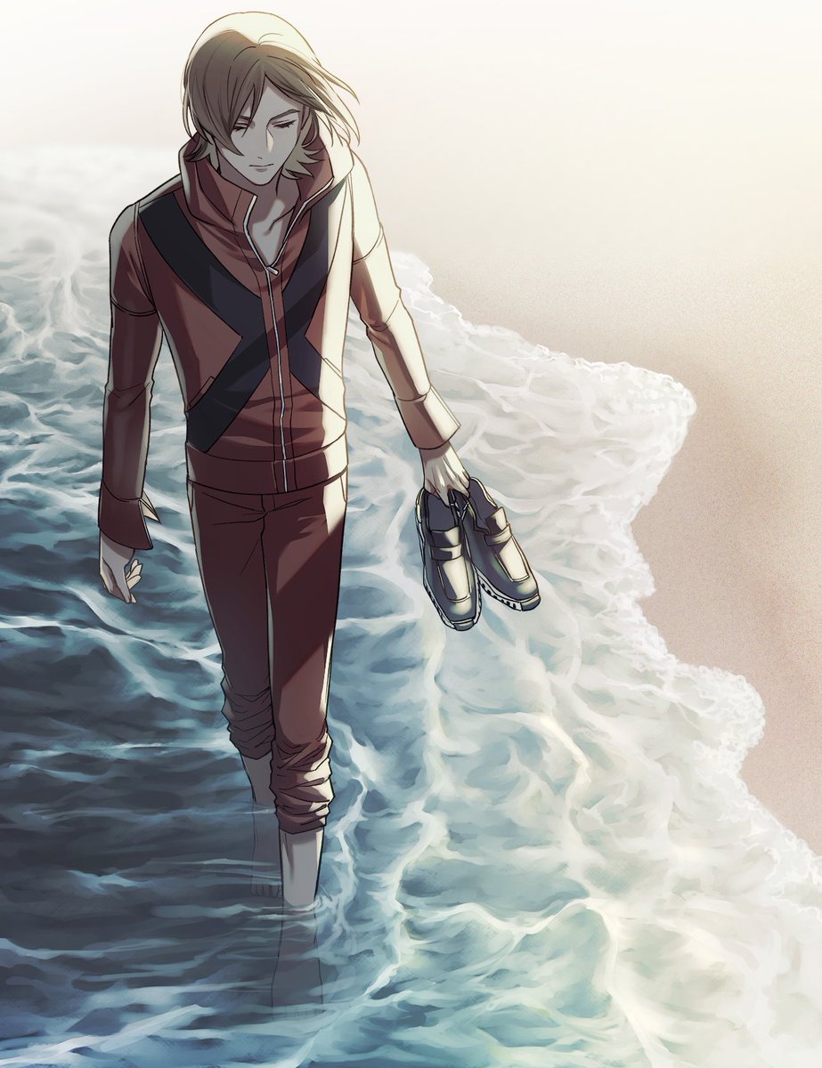 1boy barefoot beach black_footwear brown_hair closed_eyes closed_mouth full_body highres holding holding_shoes jacket light_smile male_focus ocean pants persona persona_2 red_jacket red_pants shoes sleeves_rolled_up smile solo suou_tatsuya track_suit wading walking yuusya27