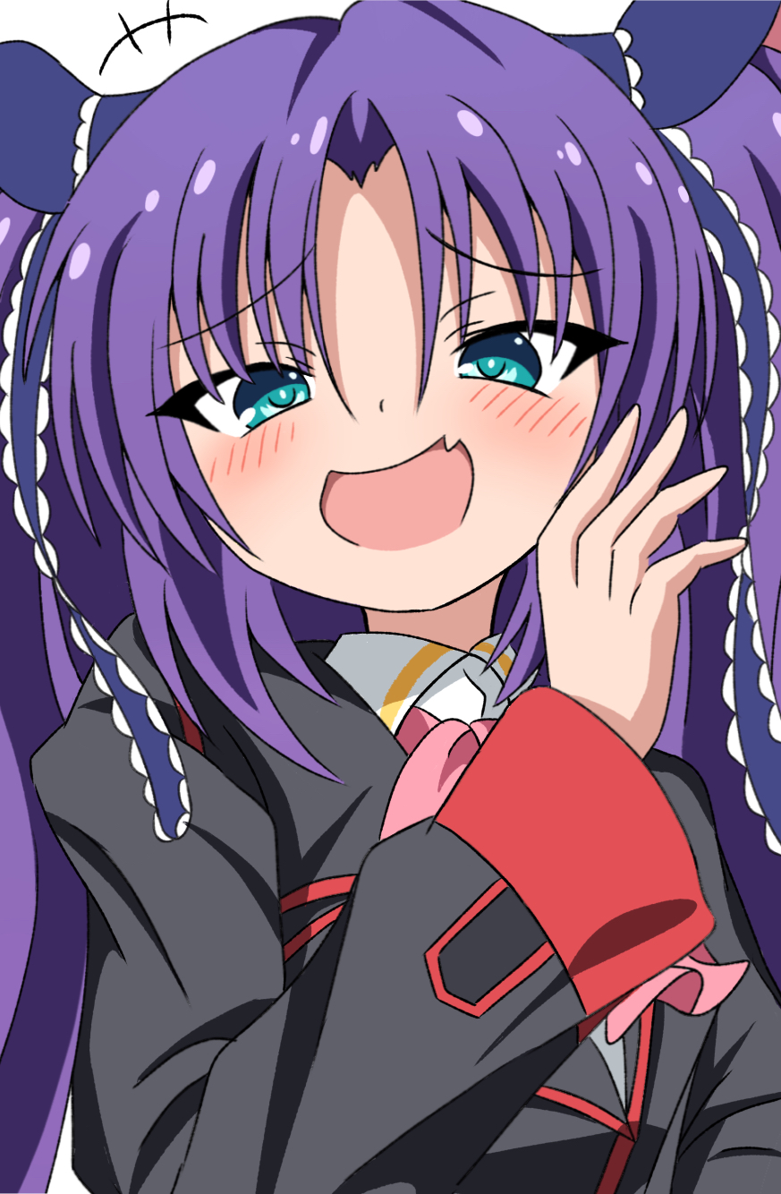 +++ 1girl :d aqua_eyes black_jacket blue_ribbon blush commentary fang frilled_ribbon frills hand_up highres jacket little_busters! little_busters!_school_uniform long_hair long_ribbon long_sleeves looking_at_viewer ojou-sama_pose open_mouth parted_bangs purple_hair ribbon sasasegawa_sasami school_uniform silky_(silky_illust) simple_background skin_fang smile smirk solo tsurime upper_body white_background