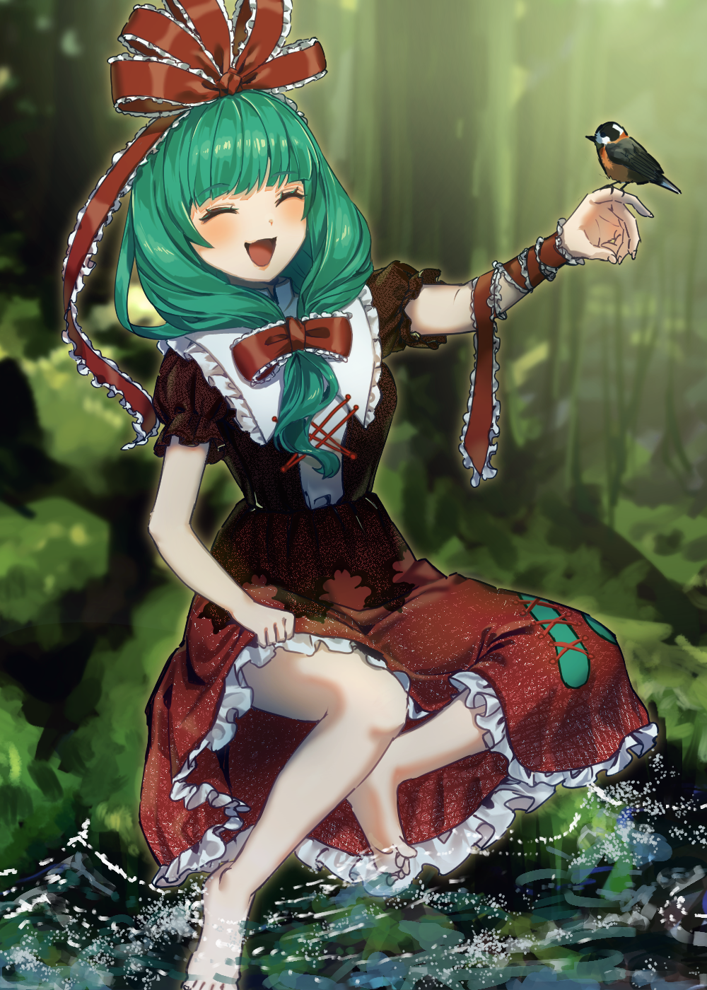 1girl ama_(pixiv_50406250) animal arm_ribbon barefoot bird blurry blurry_background closed_eyes commission dress frilled_dress frills green_hair highres kagiyama_hina outdoors pixiv_commission ribbon solo tagme touhou