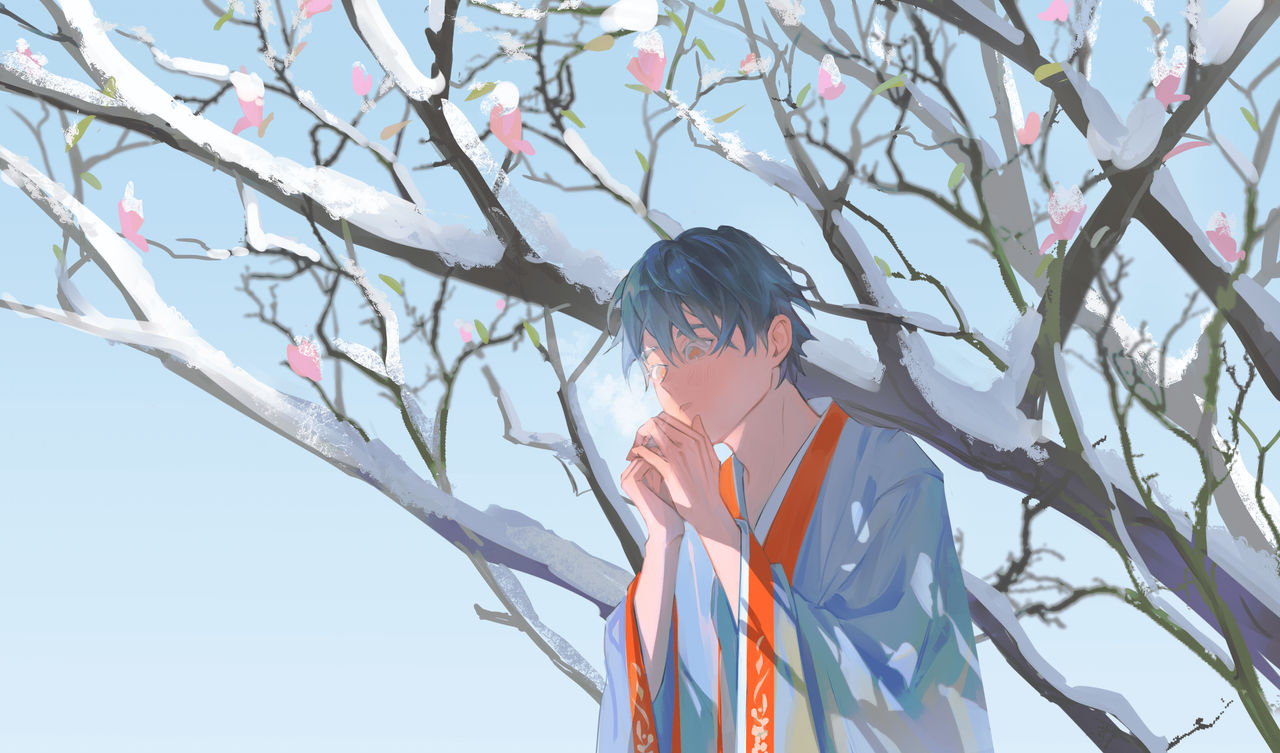 1boy bare_tree blue_hair blue_kimono blue_sky blue_sleeves breath bud clip_studio_paint_(medium) commentary commission day english_commentary flower japanese_clothes kimono kuwagatata long_sleeves looking_at_hand male_focus original outdoors own_hands_clasped own_hands_together parted_lips pink_flower short_hair sky snow solo tree upper_body wide_sleeves winter yellow_eyes