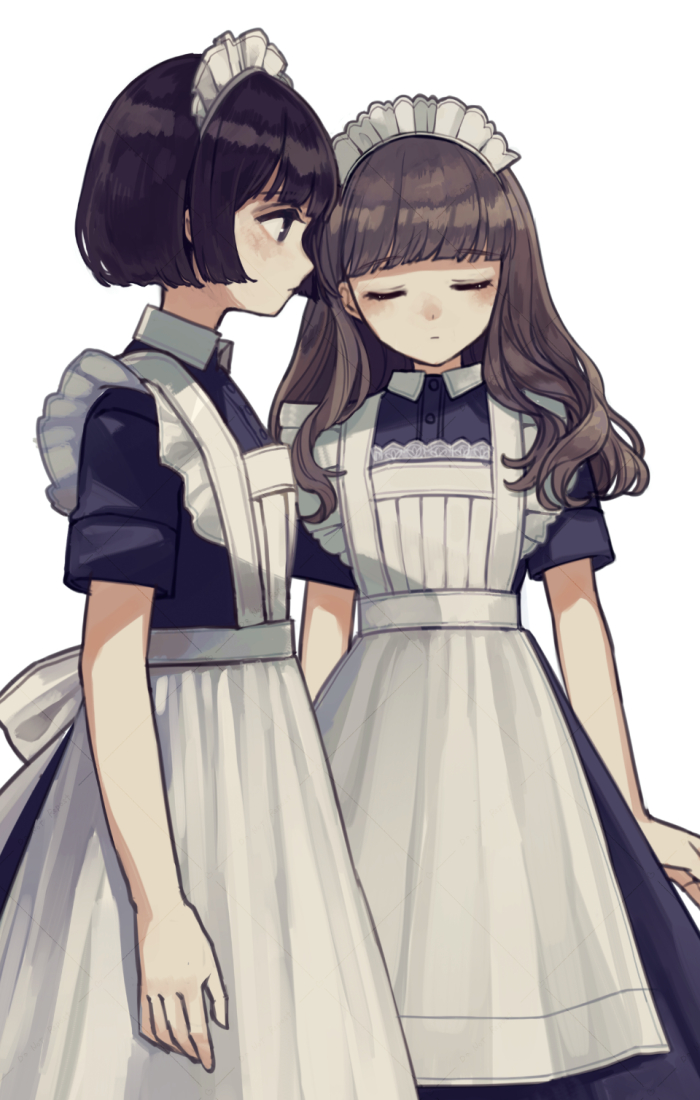 2girls apron black_dress black_hair brown_hair closed_eyes commentary dress expressionless kashiwagi_chisame long_hair looking_to_the_side maid maid_apron maid_headdress multiple_girls original profile short_hair short_sleeves simple_background standing white_apron white_background