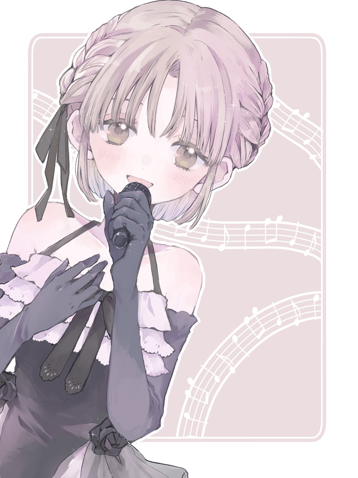 1girl bare_shoulders black_dress black_gloves braid brown_eyes brown_hair choppy_bangs dress elbow_gloves french_braid frilled_dress frills gloves halter_dress halterneck hand_on_own_chest highres holding holding_microphone light_blush looking_at_viewer microphone nijisanji official_alternate_costume official_alternate_hairstyle open_mouth overskirt sister_claire sister_claire_(2nd_costume) solo virtual_youtuber waltz_(suyasuyaxx)
