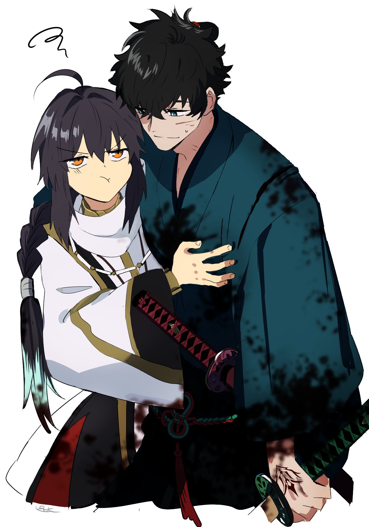 1boy 1other androgynous black_hair black_hakama blood blood_on_clothes braid braided_ponytail carrying carrying_under_arm chinese_hairpin command_spell fate/samurai_remnant fate_(series) green_kimono hakama highres japanese_clothes katana kimono long_hair miyamoto_iori_(fate) orange_eyes pirohi_(pirohi214) pout saber_(fate/samurai_remnant) short_hair sidelocks simple_background smile squiggle sword topknot weapon white_background