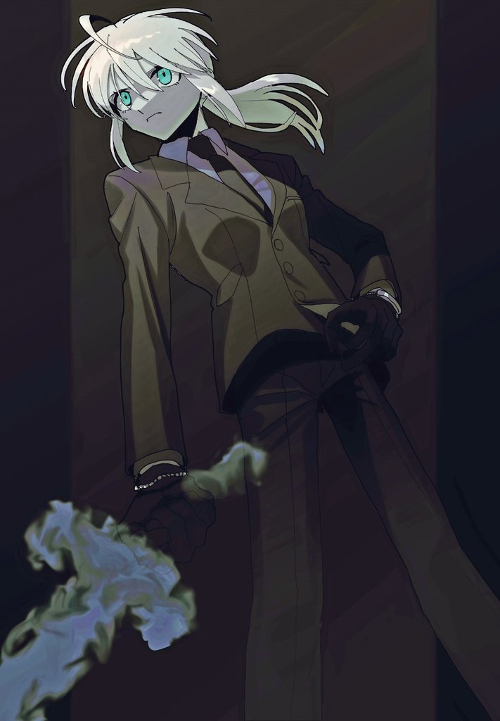 1girl ahoge amemasu79 artoria_pendragon_(fate) black_background black_gloves black_suit blonde_hair collared_shirt fate/zero fate_(series) gloves green_eyes holding holding_sword holding_weapon invisible_air_(fate) long_hair looking_to_the_side necktie ponytail saber_(fate) shirt solo suit sword weapon