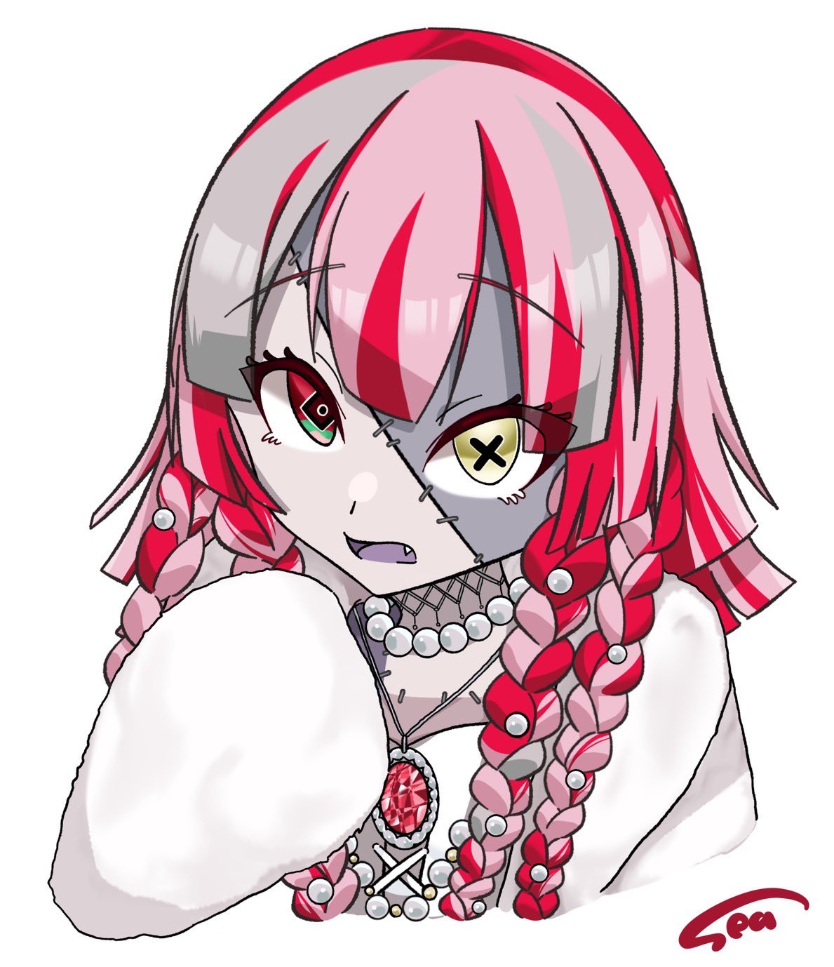 1girl braid colored_skin dress fang grey_skin highres hololive hololive_indonesia jewelry kureiji_ollie looking_at_viewer mismatched_pupils necklace open_mouth patchwork_skin redhead sea_(sea809891748077) signature simple_background solo twin_braids white_background white_dress