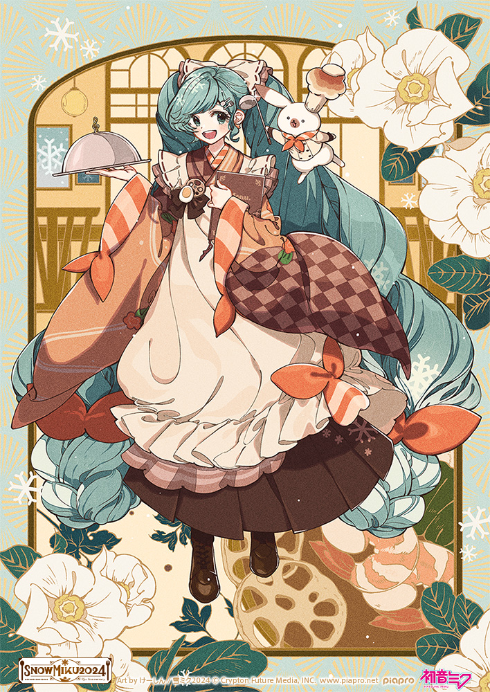 1girl animal apron aqua_hair asymmetrical_sleeves boots bow braid brown_bow brown_footwear brown_kimono brown_skirt brown_sleeves butter buttons character_name checkered_clothes checkered_kimono checkered_sleeves chef_hat commentary company_name copyright_notice cross-laced_footwear double-breasted floral_background flower food fork_hair_ornament full_body gradient_hair hair_bow hardboiled_egg hat hatsune_miku holding holding_ladle holding_menu holding_tray jacket japanese_clothes kappougi keishin kimono lace-up_boots ladle long_hair long_skirt lotus_root low_twin_braids menu mismatched_sleeves multicolored_hair neckerchief official_art open_mouth orange_sleeves pink_neckerchief pleated_skirt rabbit rabbit_yukine second-party_source serving_dome skirt smile snowflake_print snowflakes solo spoon_hair_ornament striped_sleeves teeth tray twin_braids twintails upper_teeth_only very_long_hair vocaloid white_apron white_bow white_flower white_jacket wide_sleeves window yuki_miku yuki_miku_(2024)