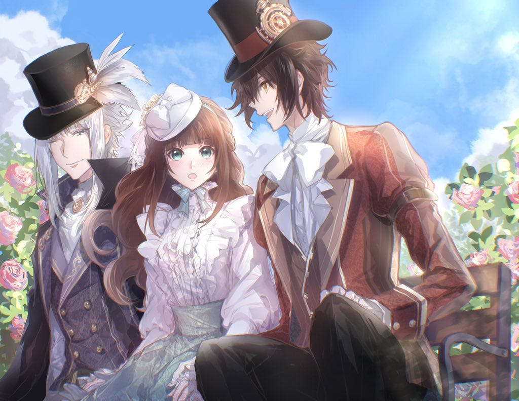 1girl 2boys arsene_lupin_(code:realize) bench black_headwear black_pants bow brown_eyes brown_hair bush cardia_beckford clouds code:realize day dress flower gloves green_eyes grey_eyes hat hat_feather hat_ornament kusuhara_09 long_hair long_sleeves multiple_boys one_eye_closed outdoors pants saint_germain_(code:realize) sitting suit top_hat white_bow white_dress white_gloves white_hair white_headwear