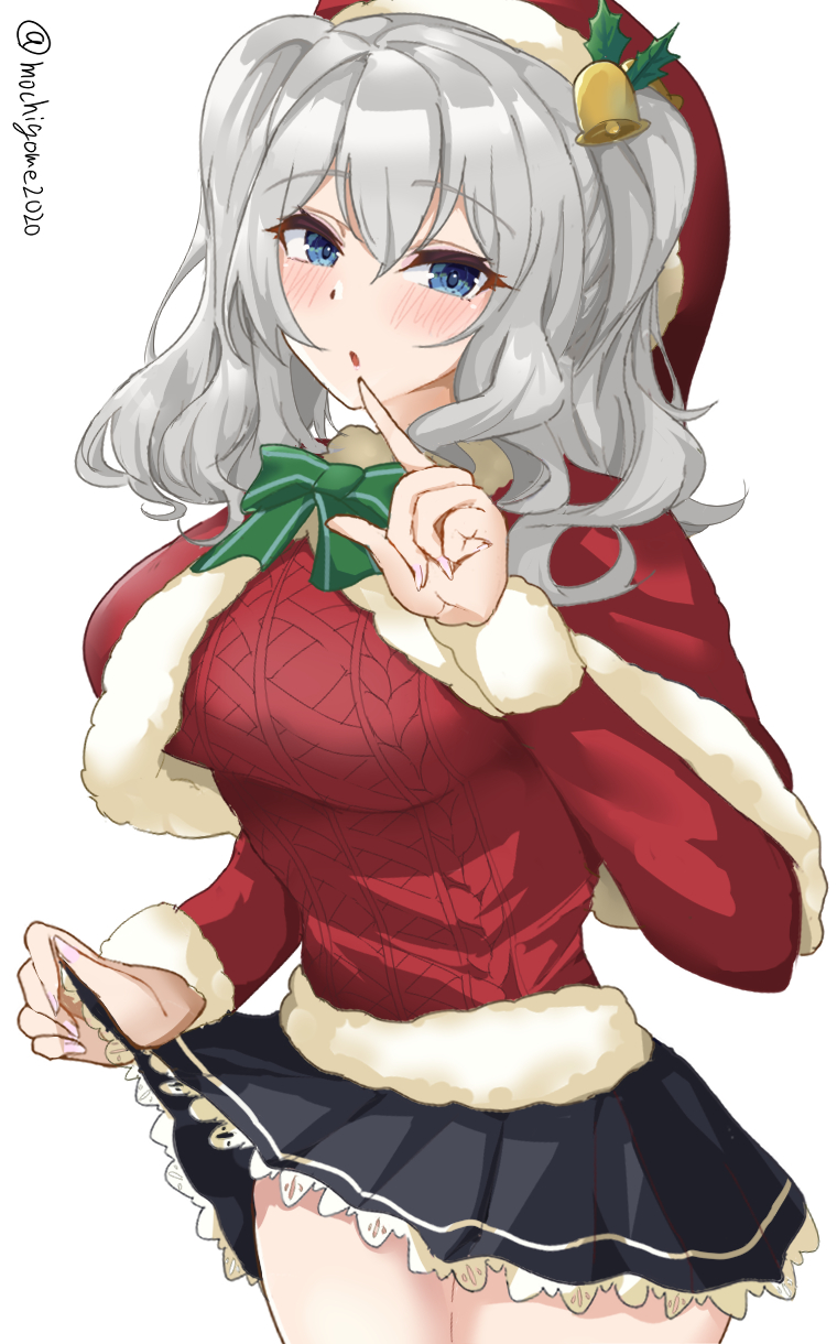 1girl black_skirt blue_eyes breasts capelet chamumi_(mochiumee) cowboy_shot fur-trimmed_capelet fur-trimmed_headwear fur_trim grey_hair hat highres kantai_collection kashima_(kancolle) large_breasts official_alternate_costume red_capelet red_sweater santa_hat sidelocks simple_background skirt skirt_hold solo sweater twintails twitter_username wavy_hair white_background