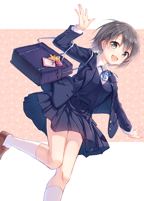 1girl arm_up bag blue_dress blue_jacket blue_ribbon blush border breasts brown_footwear dress grey_eyes grey_hair idolmaster idolmaster_cinderella_girls idolmaster_cinderella_girls_starlight_stage jacket leg_up loafers long_sleeves looking_at_viewer neck_ribbon open_clothes open_hands open_jacket open_mouth otokura_yuuki outside_border outstretched_arm pf pink_background pleated_skirt ribbon school_bag school_uniform shirt shoes short_hair simple_background skirt small_breasts smile socks solo standing standing_on_one_leg stuffed_animal stuffed_toy teddy_bear white_border white_shirt white_socks