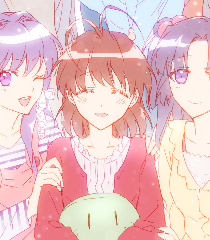 3girls ;d ^_^ antenna_hair blue_hair blush brown_hair casual chinese_commentary clannad closed_eyes commentary dango facing_viewer food fujibayashi_kyou furukawa_nagisa h_sueun hair_bobbles hair_intakes hair_ornament hair_ribbon hand_on_another's_shoulder happy holding holding_stuffed_toy ichinose_kotomi jacket long_hair looking_at_viewer medium_hair multiple_girls one_eye_closed one_side_up open_clothes open_jacket open_mouth purple_hair red_jacket ribbon shirt sketch smile solo_focus straight-on stuffed_toy teeth upper_teeth_only violet_eyes wagashi white_ribbon white_shirt yellow_shirt |_|