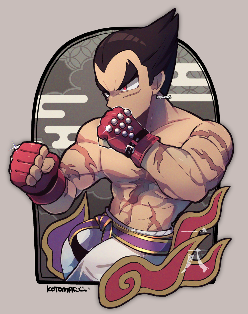 1boy belt black_hair clenched_hands collarbone egasumi fighting_stance glint gloves grey_background kotorai male_focus mishima_kazuya pants pectorals purple_belt red_eyes red_gloves scar scar_on_arm scar_on_chest scar_on_stomach short_hair signature solo tekken thick_eyebrows topless_male v-shaped_eyebrows white_pants