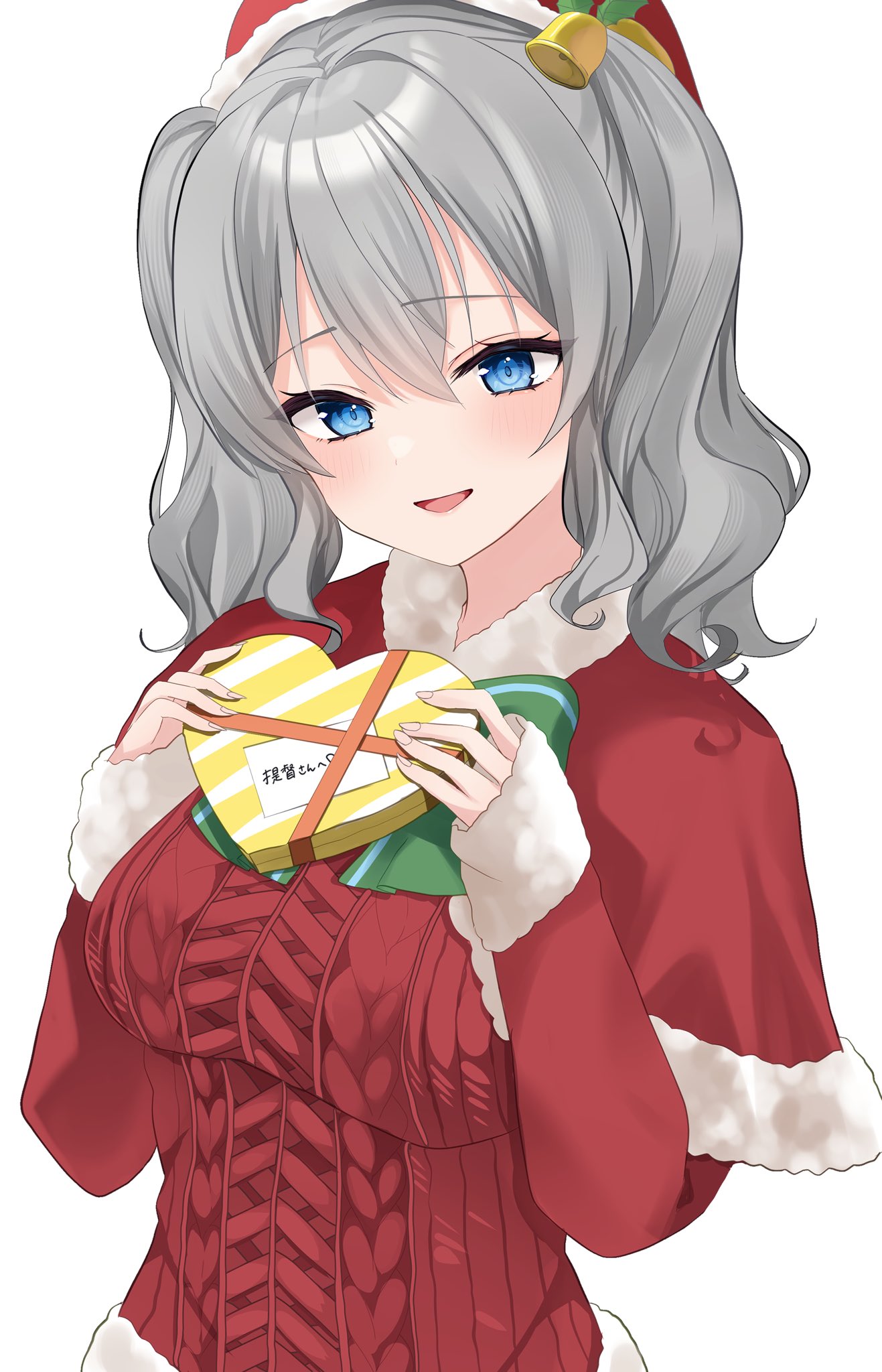 1girl alternate_costume blue_eyes bow bowtie box breasts capelet fur-trimmed_capelet fur_trim green_bow green_bowtie grey_hair heart-shaped_box highres kantai_collection kashima_(kancolle) large_breasts red_capelet red_sweater sidelocks simple_background solo sweater twintails upper_body wavy_hair white_background yoshino_(mfmfpng)