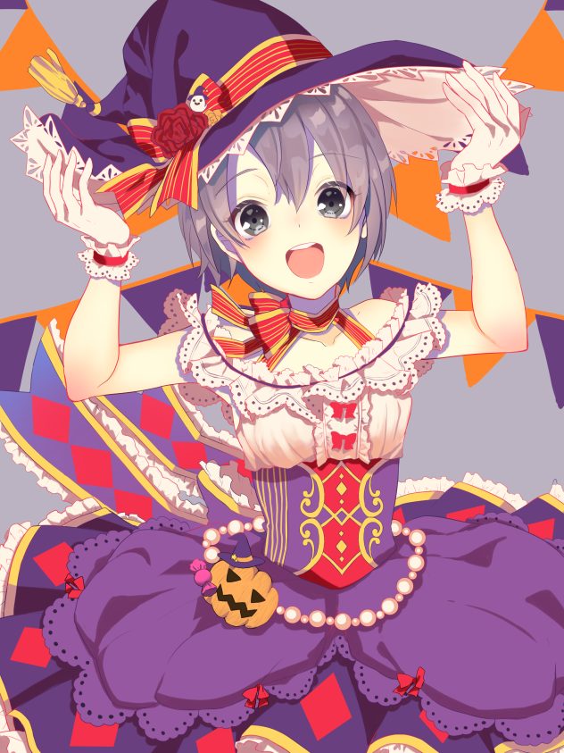 1girl adjusting_clothes adjusting_headwear arms_up belly_chain black_eyes blush bow breasts candy choker collarbone dot_nose dress dress_bow flower food frilled_bow frilled_dress frills ghost gloves grey_background grey_hair halloween hat hat_flower hat_ribbon idolmaster idolmaster_cinderella_girls idolmaster_cinderella_girls_starlight_stage jack-o'-lantern jewelry kurotea lace-trimmed_dress lace-trimmed_headwear lace_trim looking_at_viewer open_mouth otokura_yuuki purple_bow purple_dress purple_headwear red_flower red_ribbon ribbon ribbon_choker short_hair small_breasts smile solo string_of_flags teeth upper_teeth_only white_gloves witch_hat