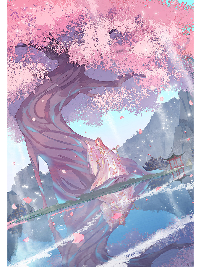 1boy bird blue_eyes border bush cherry_blossoms chinese_clothes coat day falling_petals floral_print flower flower_ornament full_body hanfu holding holding_staff lake lantern layered_sleeves letterboxed light_rays long_hair long_sleeves looking_to_the_side looking_up male_focus mountain outdoors parted_bangs petals pink_coat pink_flower pink_hair reflection reflective_water robe sitting smile solo staff sunlight the_tale_of_food toruglose tree under_tree white_border white_robe wide_sleeves wooden_lantern xiao_guan_(headdress)