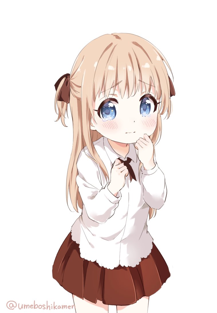 1girl aged_down blonde_hair blue_eyes blush bow bowtie closed_mouth collared_shirt frilled_shirt frills hair_bow hair_ribbon hand_on_own_face hands_up long_hair looking_at_viewer mearian pleated_skirt raised_eyebrows red_bow red_bowtie red_ribbon red_skirt ribbon scared shirt simple_background skirt solo tears toshinou_kyouko twintails twitter_username two_side_up wavy_mouth white_background white_shirt yuru_yuri