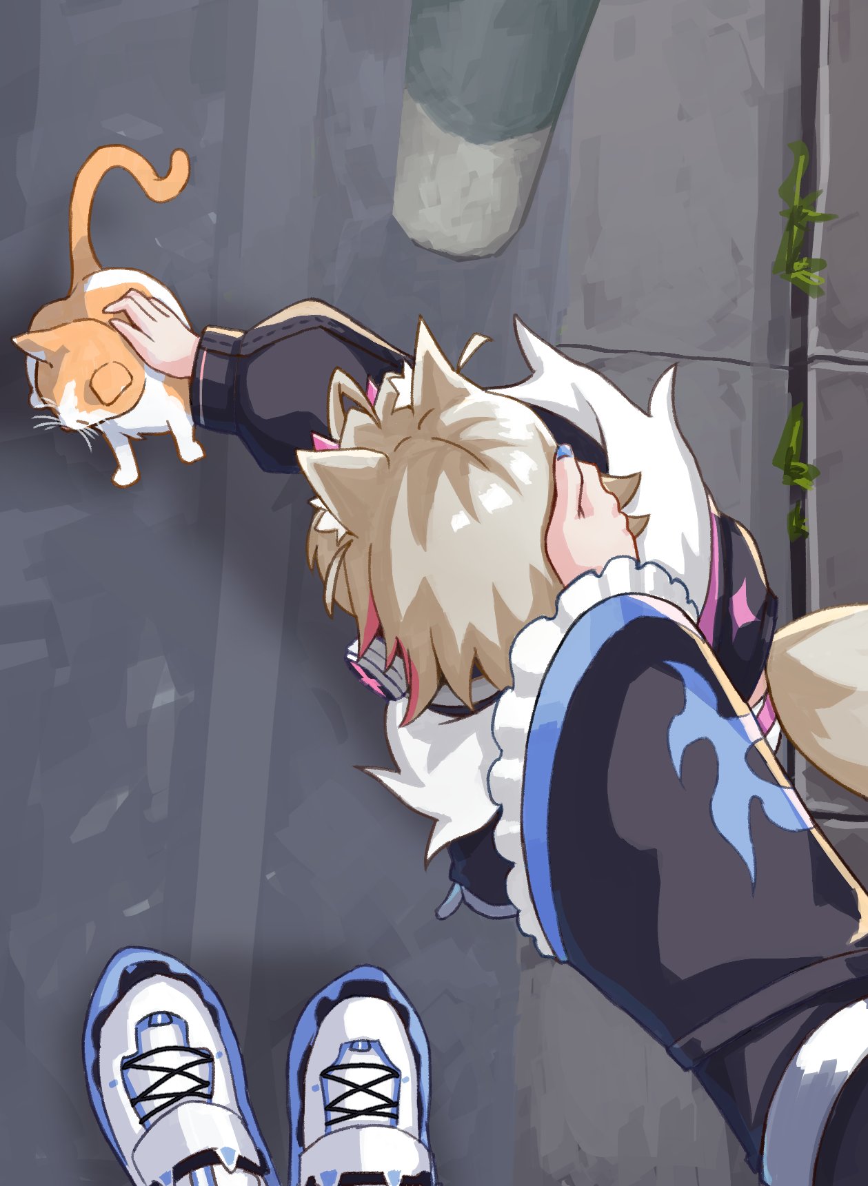 ahoge animal animal_ear_fluff animal_ears blonde_hair blue_nails cat commentary dog_ears dog_girl dog_tail english_commentary female_pov frilled_sleeves frills from_above fur_collar fuwawa_abyssgard headpat headphones highres hololive hololive_english long_sleeves mococo_abyssgard multicolored_hair nail_polish outdoors petting pink_hair pov shoes siblings sisters sneakers tail triam147 two-tone_hair virtual_youtuber wide_sleeves