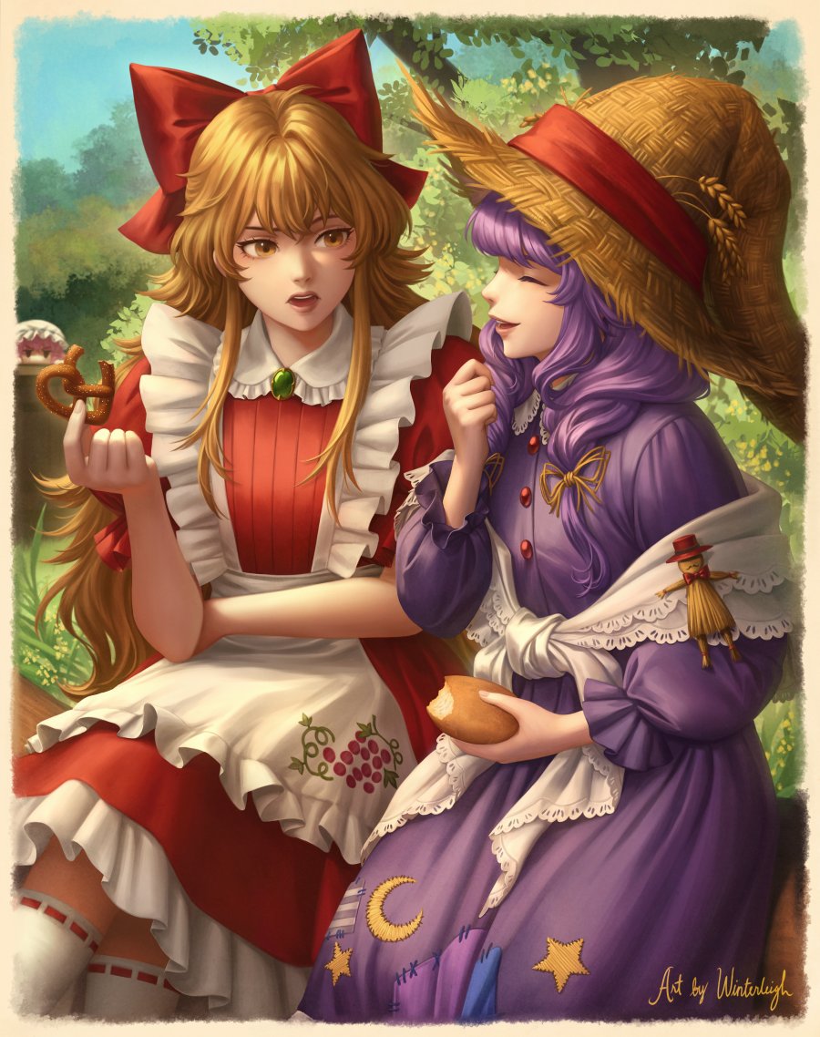 2girls apron artist_name blonde_hair bow brown_eyes closed_eyes commentary crescent day dress elise_liedl english_commentary food food_bite frilled_dress frills green_brooch hair_bow hat hat_ribbon holding holding_food holding_head kneehighs laughing little_goody_two_shoes long_hair looking_at_another maid_apron multiple_girls open_mouth outdoors parted_lips pinafore_dress puffy_short_sleeves puffy_sleeves purple_dress purple_hair red_bow red_dress red_ribbon ribbon ribbon-trimmed_socks ribbon_trim rozenmarine_(little_goody_two_shoes) short_sleeves signature sitting sleeveless sleeveless_dress socks star_(symbol) straw_hat tree white_socks winterleigh_art witch_hat
