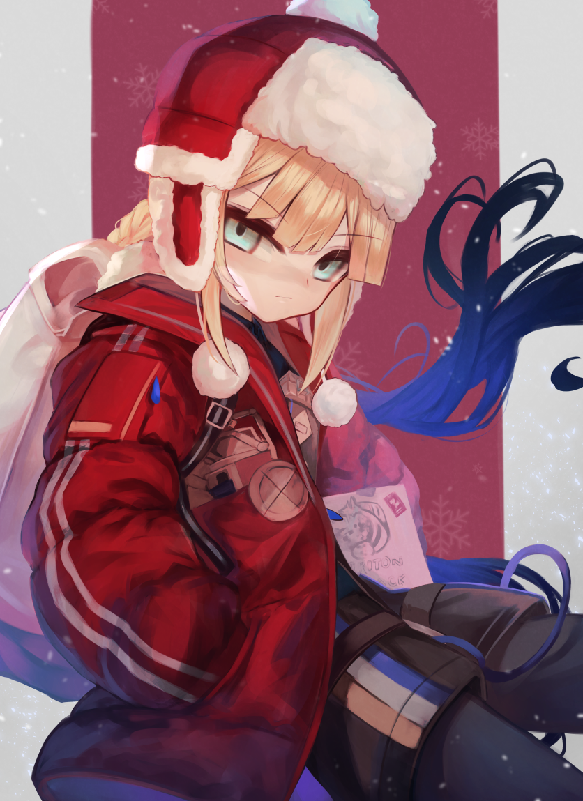 1boy blonde_hair blue_hair captain_nemo_(fate) closed_mouth fate/grand_order fate_(series) green_eyes hands_in_pockets hat holding holding_sack jacket long_hair long_sleeves looking_at_viewer m0_chi multicolored_hair nemo_(fate) nemo_(santa)_(fate) red_jacket sack shorts snow solo