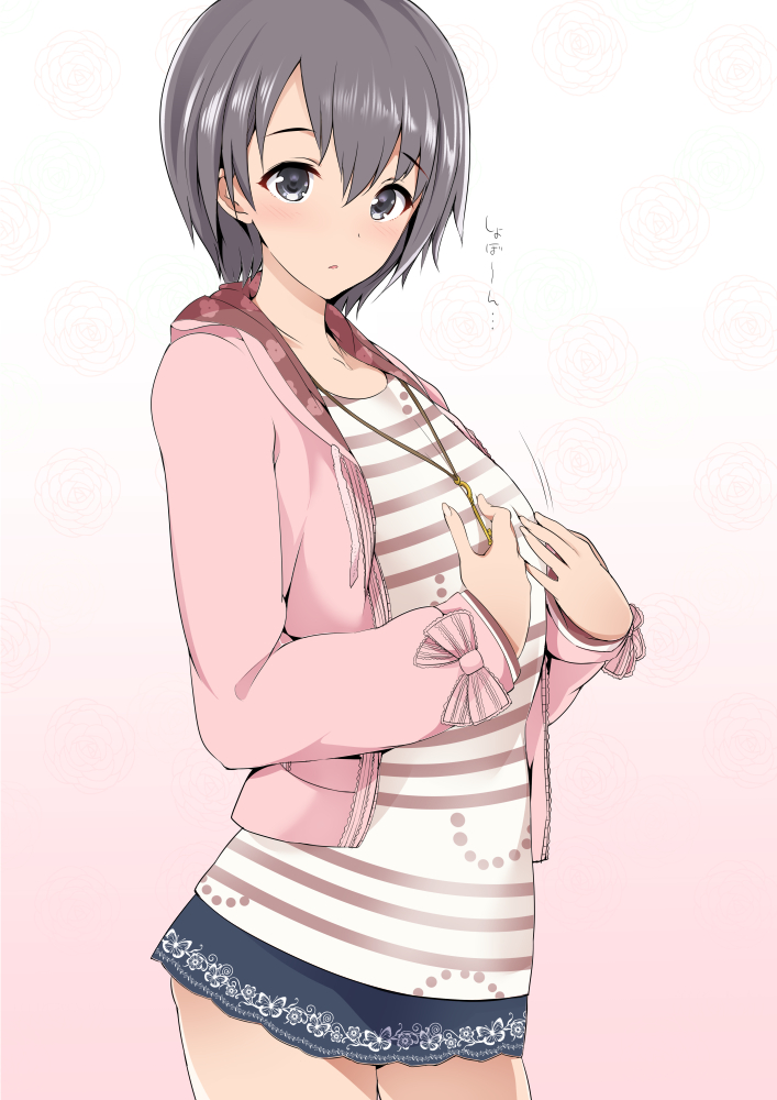 1girl black_eyes blue_skirt blush breasts closed_mouth collarbone cowboy_shot dot_nose from_side gradient_background grey_eyes grey_hair hand_on_own_chest hands_up idolmaster idolmaster_cinderella_girls idolmaster_cinderella_girls_starlight_stage jacket jewelry long_sleeves looking_at_viewer maruwa_tarou necklace open_mouth otokura_yuuki pink_background pink_jacket shirt short_hair simple_background skirt small_breasts solo standing striped striped_shirt white_shirt