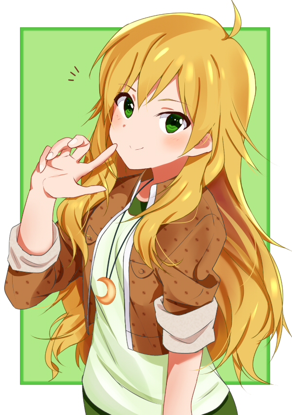 1girl ahoge arm_at_side blonde_hair blush border closed_mouth commentary crescent crescent_necklace green_background green_eyes green_shirt hair_between_eyes hand_up hoshii_miki idolmaster idolmaster_(classic) index_finger_raised jewelry long_hair looking_at_viewer necklace notice_lines shirt sidelocks simple_background smile solo split_mouth upper_body very_long_hair wavy_hair white_border zenoo