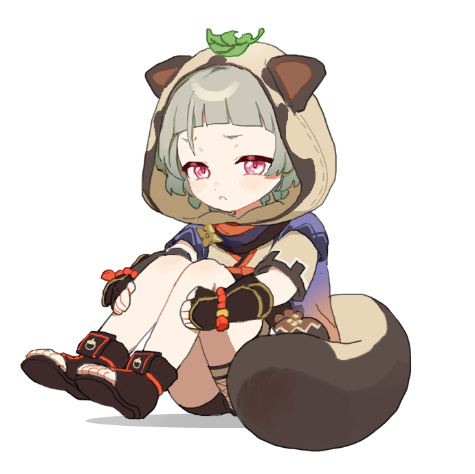 1girl :&lt; aahaha_(ydasige11) black_gloves blunt_bangs blush closed_mouth fingerless_gloves fishnets genshin_impact gloves grey_hair hood hood_up hugging_own_legs japanese_clothes leaf leaf_on_head pink_eyes sayu_(genshin_impact) short_hair short_sleeves shorts simple_background sitting solo tail toeless_footwear white_background