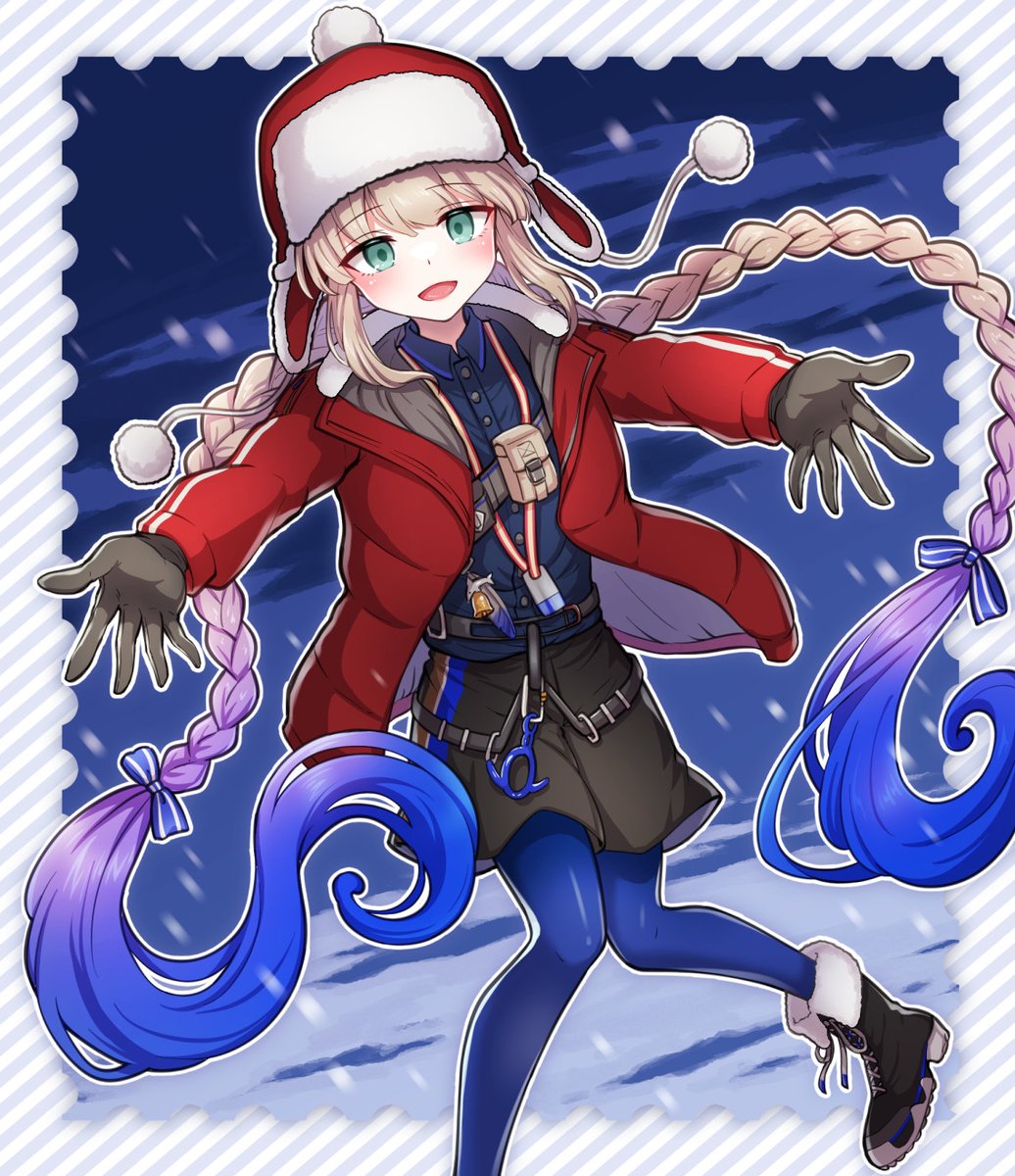1boy alternate_costume black_footwear black_shorts blonde_hair blue_eyes blue_leggings blue_shirt braid captain_nemo_(fate) christmas commentary fate/grand_order fate_(series) fur_hat hat highres jacket leggings male_focus nemo_(fate) official_alternate_costume open_clothes open_jacket outstretched_arms red_jacket shell_ocean shirt shorts snowing solo twin_braids twintails ushanka