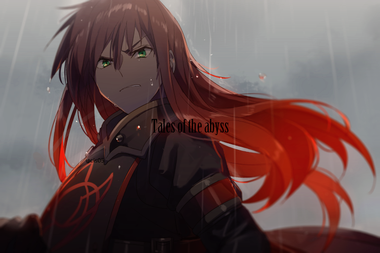 1boy asch_(tales) black_shirt echo_(circa) floating_hair from_side frown green_eyes grey_sky hair_between_eyes hair_down long_sleeves looking_at_viewer looking_to_the_side male_focus overcast rain redhead shirt sky solo tabard tales_of_(series) tales_of_the_abyss upper_body water