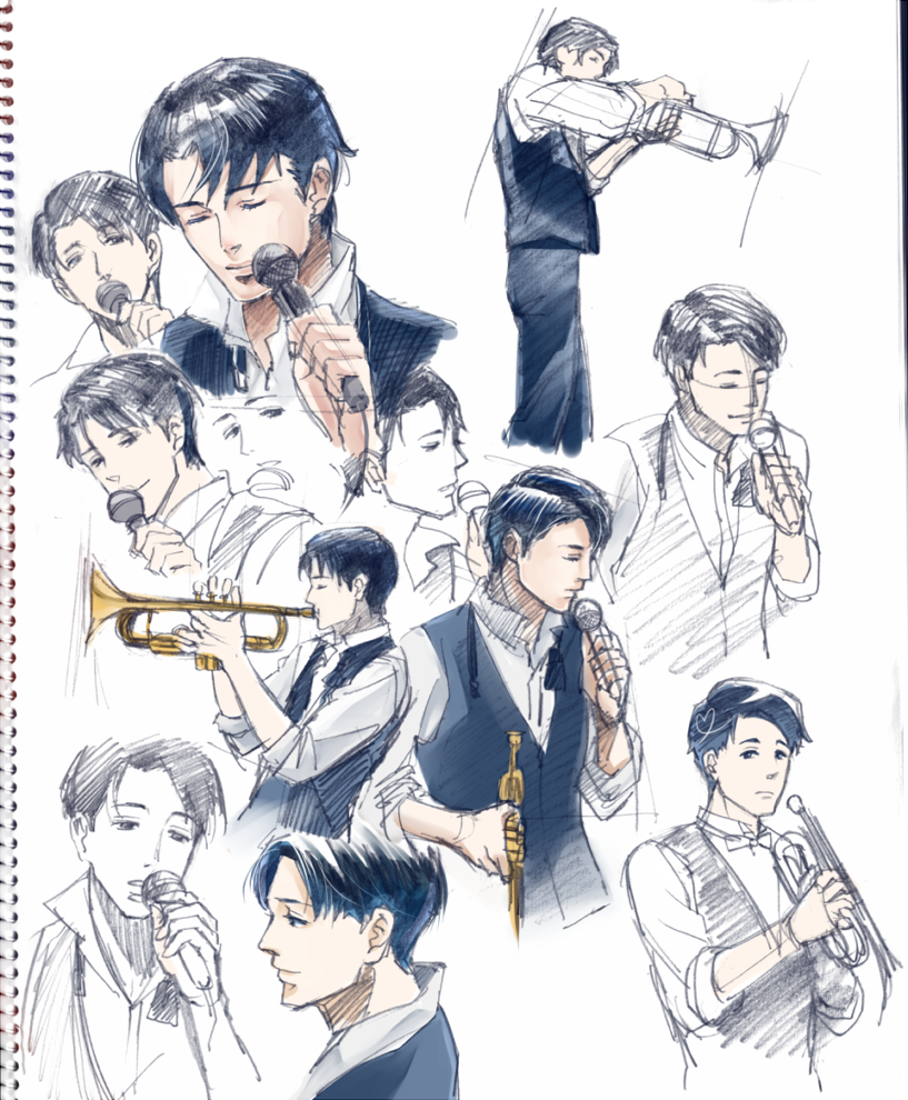 1boy ashibe black_hair black_vest bow bowtie cropped_legs cropped_torso holding holding_microphone instrument katsuragi_jun'ichi male_focus microphone multiple_views music partially_colored playing_instrument sakamichi_no_apollon saxophone short_hair simple_background singing vest white_background