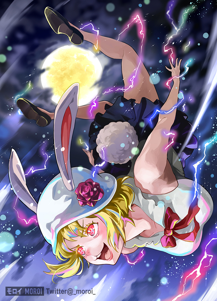 1girl animal_ears artist_name blonde_hair carrot_(one_piece) commentary_request ears_through_headwear flower full_body full_moon hat hat_flower moon moroi neck_ribbon one_piece open_mouth pink_flower pink_ribbon rabbit_ears rabbit_girl rabbit_tail ribbon short_hair smile solo tail teeth twitter_username white_headwear