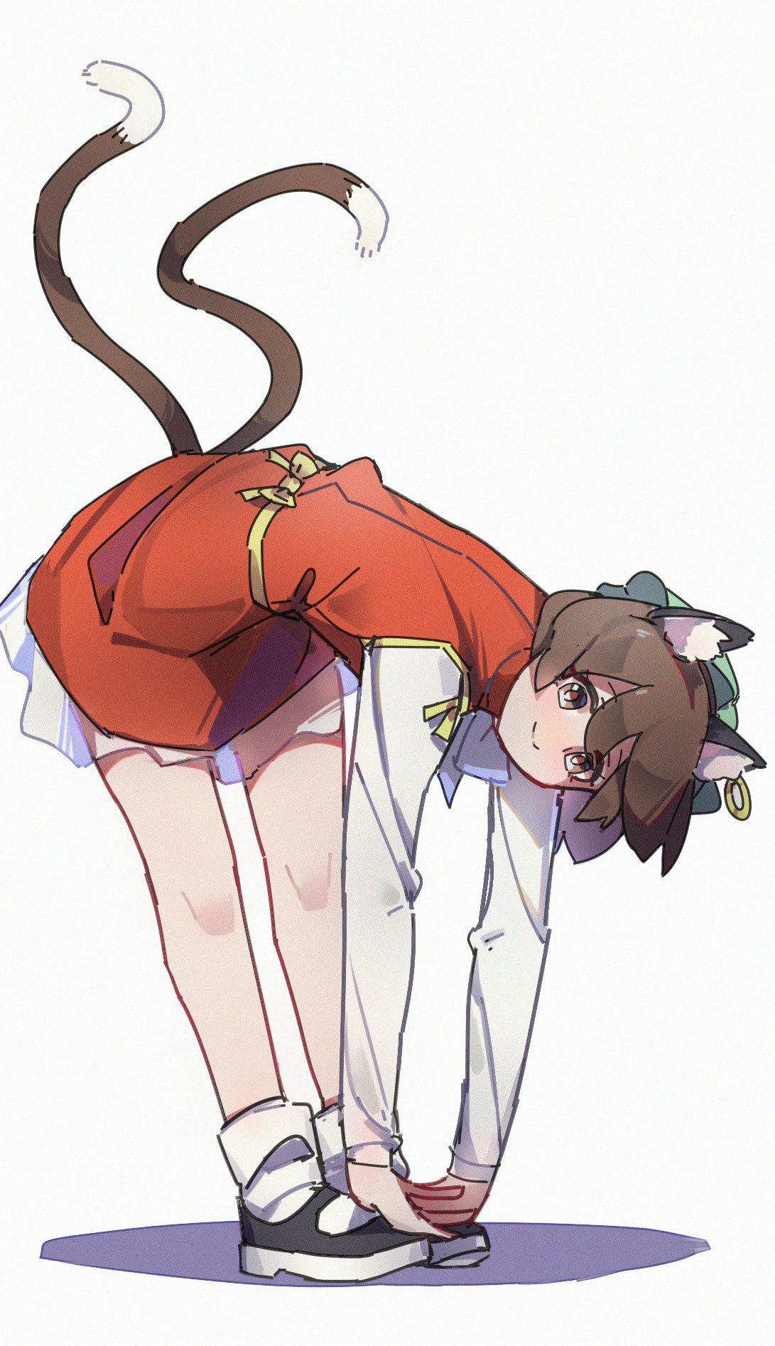 1girl animal_ear_fluff animal_ear_piercing animal_ears banzi1225 bare_legs bent_over bobby_socks brown_eyes brown_hair cat_ears cat_tail chen closed_mouth earrings full_body gold_trim green_headwear hair_between_eyes hat highres jewelry light_blush long_sleeves looking_at_viewer mary_janes mob_cap multiple_tails nekomata petticoat red_skirt red_vest see-through shadow shoes short_hair simple_background single_earring skirt skirt_set smile socks solo stretching swept_bangs tail touching_toes touhou two_tails vest white_background