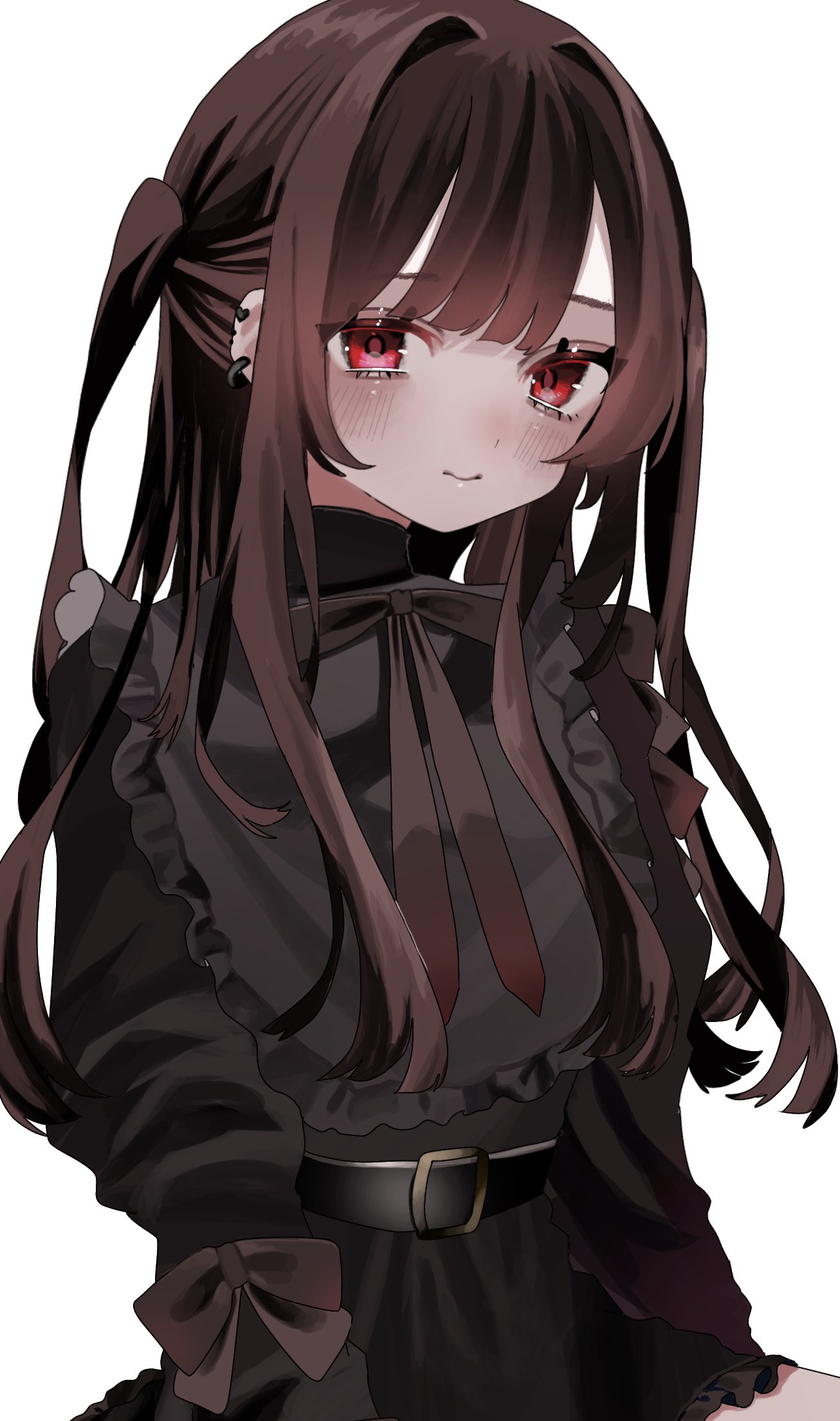 1girl belt blush brown_hair dress ear_piercing earrings frilled_shirt_collar frills hanataro_(sruvhqkehy1zied) high_collar highres jewelry long_hair long_sleeves looking_at_viewer multiple_piercings neck_ribbon original piercing red_eyes ribbon sleeve_bow solo two_side_up very_long_hair