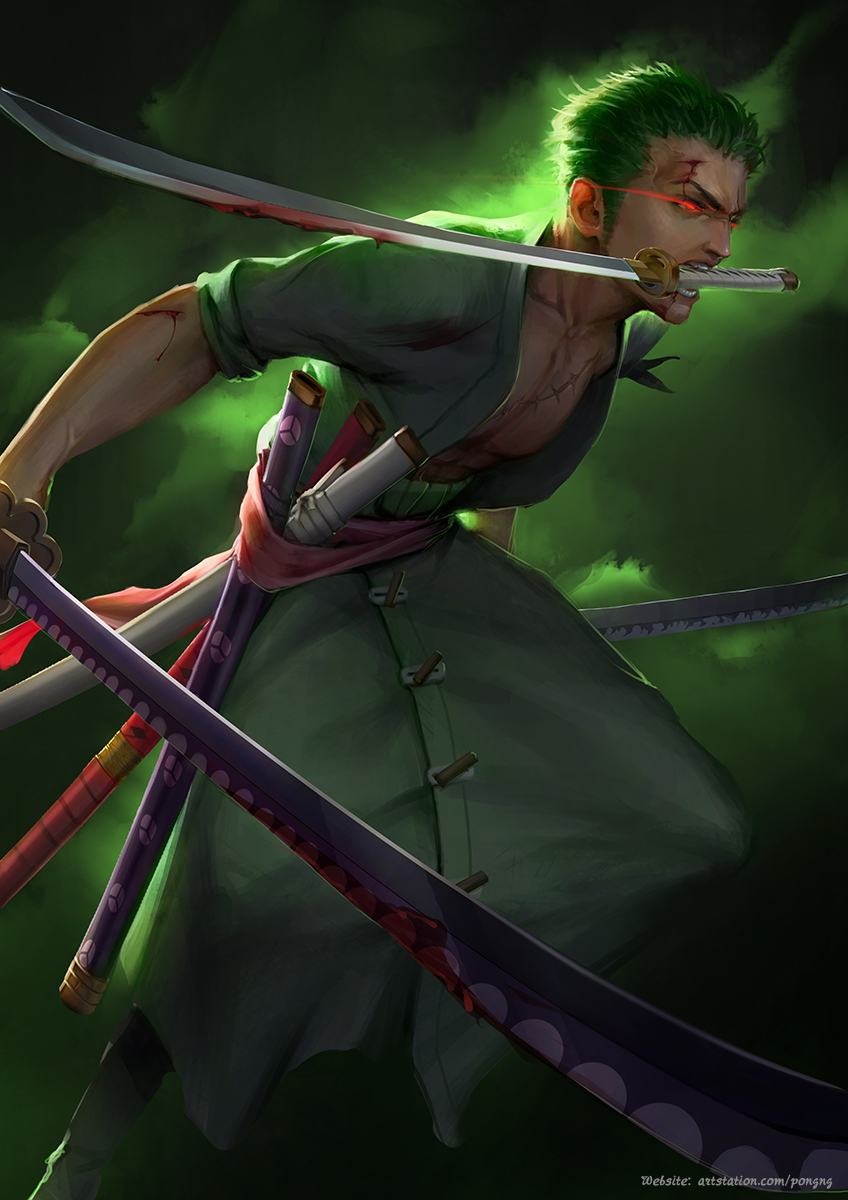 1boy adpong blood blood_on_weapon commentary green_hair highres holding holding_sword holding_weapon japanese_clothes katana male_focus mouth_hold one_piece realistic red_eyes roronoa_zoro scar scar_on_cheek scar_on_face short_hair solo sword teeth triple_wielding weapon