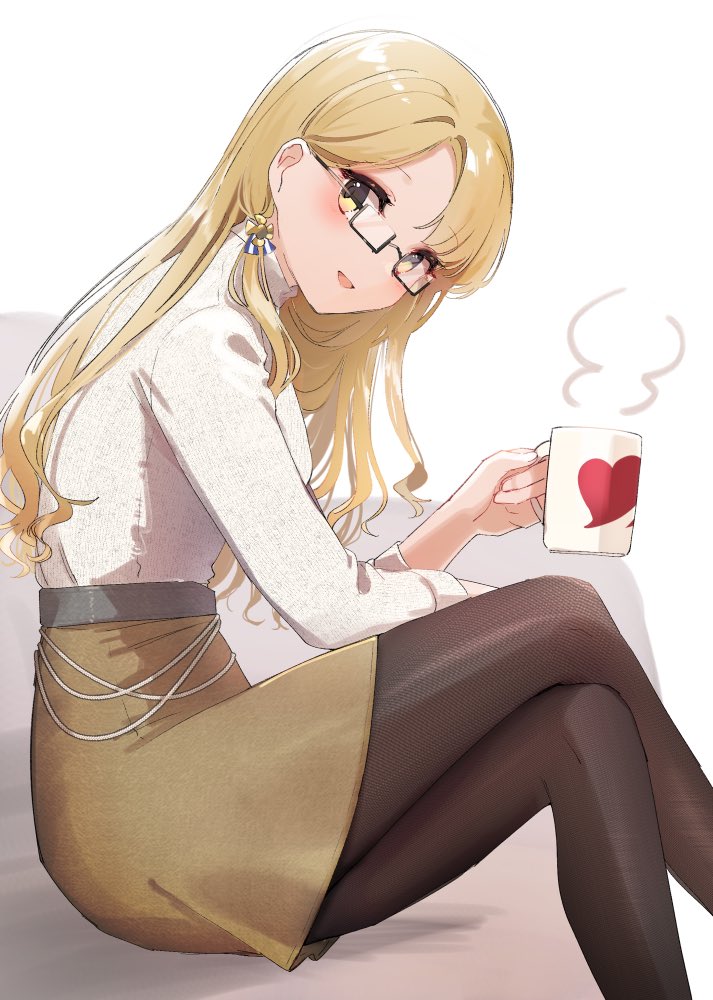 1girl black-framed_eyewear black_pantyhose blonde_hair breasts brown_skirt crossed_legs cup feet_out_of_frame from_side glasses holding holding_cup kantai_collection large_breasts long_hair long_sleeves looking_at_viewer northampton_(kancolle) one-hour_drawing_challenge open_mouth pantyhose skirt smile solo sweater white_sweater yamashichi_(mtseven) yellow_eyes