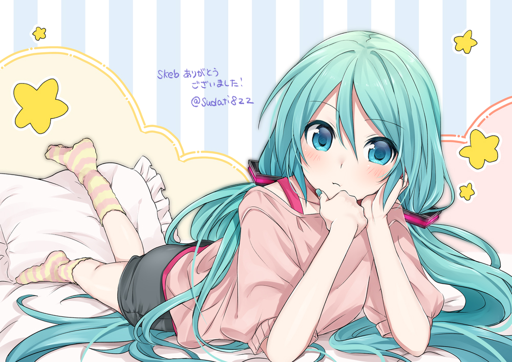 :t bed_sheet black_shorts blue_background cheek_rest frilled_pillow frills hair_between_eyes hair_half_undone hand_on_own_cheek hand_on_own_chin hand_on_own_face hatsune_miku head_rest light_blush long_hair looking_at_viewer low_twintails lying on_bed on_stomach pillow pink_shirt pink_socks shirt shorts socks star_(symbol) striped striped_background striped_socks sudachi_(calendar) twintails twitter_username two-tone_legwear very_long_hair vocaloid yellow_socks