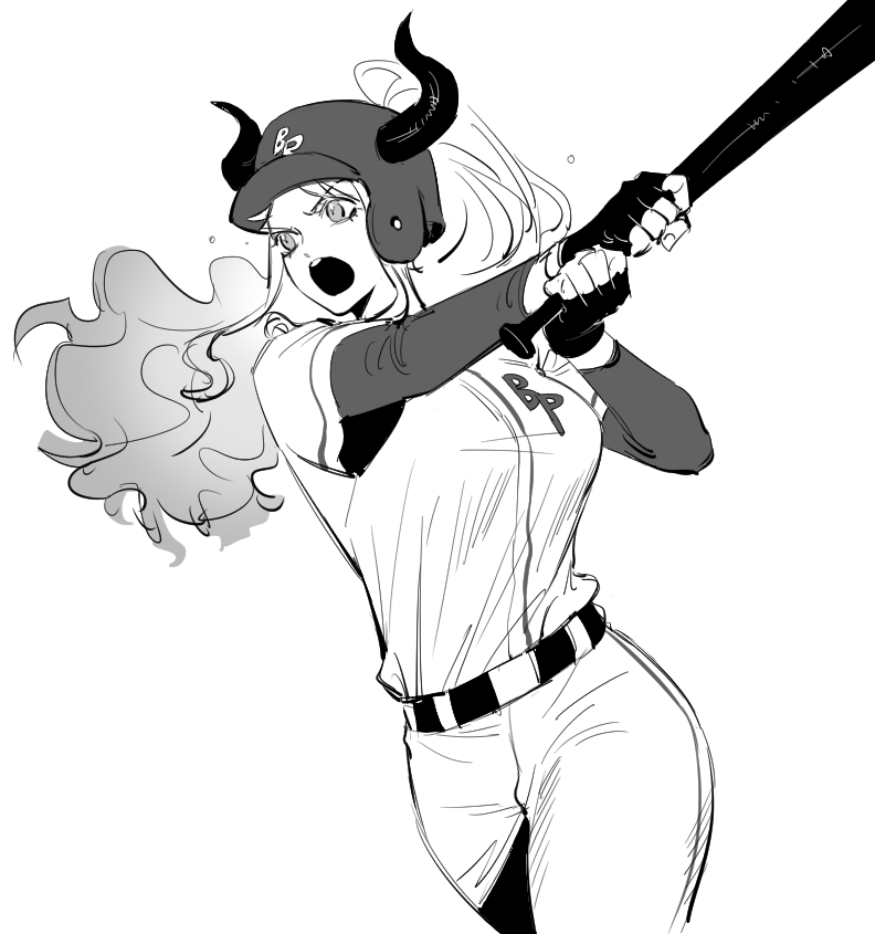 1girl baseball_bat belt commentary cowboy_shot english_commentary fingerless_gloves gloves greyscale helmet high_ponytail holding holding_baseball_bat horns long_sleeves looking_to_the_side monochrome one_piece open_mouth pants ponytail raine_(acke2445) shirt solo yamato_(one_piece)
