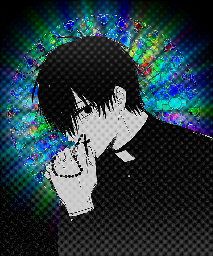 1boy black_eyes black_hair black_jacket cross cross_necklace expressionless facing_to_the_side fujo0t4ku gakuran jacket jewelry kaleidoscope long_sleeves looking_at_viewer male_focus necklace own_hands_together praying rosary school_uniform short_hair solo tsugino_haru zeno_(game)