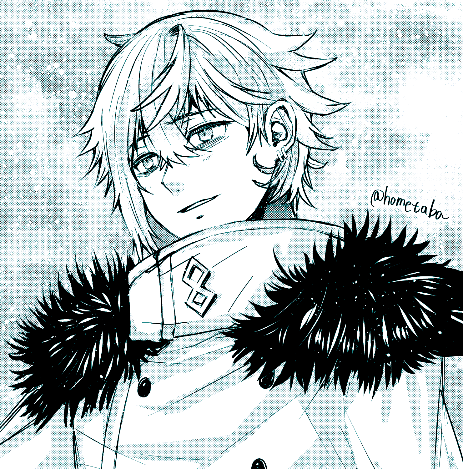 1boy coat earrings fate/grand_order fate_(series) fur-trimmed_coat fur_trim greyscale hair_between_eyes high_collar highres hometaba jewelry kadoc_zemlupus light_blush light_smile male_focus messy_hair monochrome parted_lips portrait short_hair simple_background solo upper_body