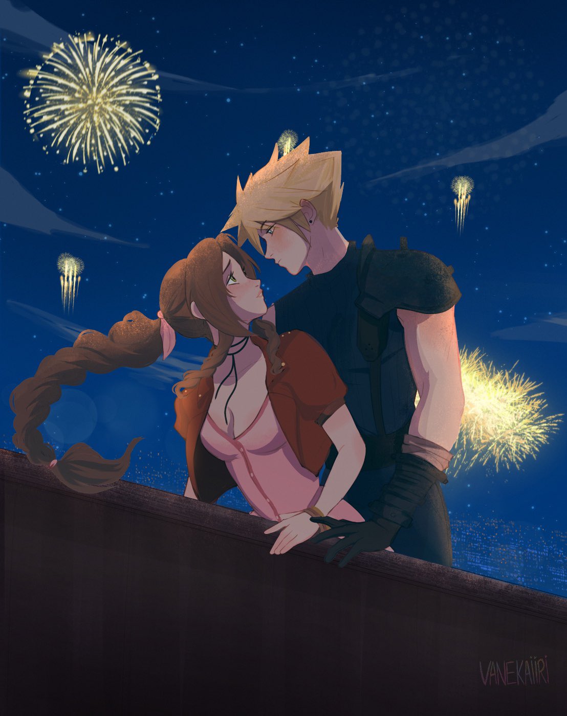 1boy 1girl aerial_fireworks aerith_gainsborough armor black_gloves blonde_hair blush braid braided_ponytail brown_hair cloud_strife couple dating dress final_fantasy final_fantasy_vii final_fantasy_vii_remake fireworks gloves hair_ribbon highres imminent_kiss jacket jewelry leather_belt looking_at_another necklace night night_sky pauldrons pink_dress pink_ribbon red_jacket ribbon shoulder_armor single_pauldron sky spiky_hair star_(sky) starry_sky turtleneck vanekairi