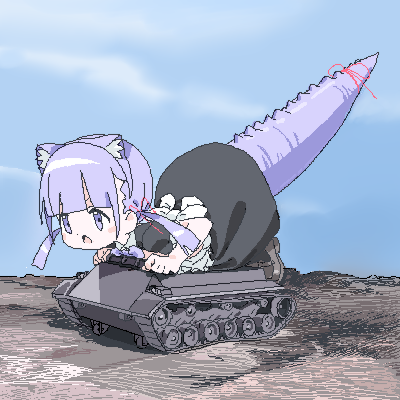1girl animal_ears bad_id bad_twitter_id black_skirt blue_sky blunt_bangs bow cat_ear_hairband cat_ears dinosaur_tail dinosaur_tank fake_animal_ears giant giantess inactive_account jaggy_lines lokulo-chan lokulo_no_mawashimono lowres lying military_vehicle motor_vehicle oekaki on_stomach open_mouth original outdoors parody purple_hair riding shoes skirt sky solo tail tail_bow tail_ornament tank twintails ultra_series ultra_seven_(series) violet_eyes