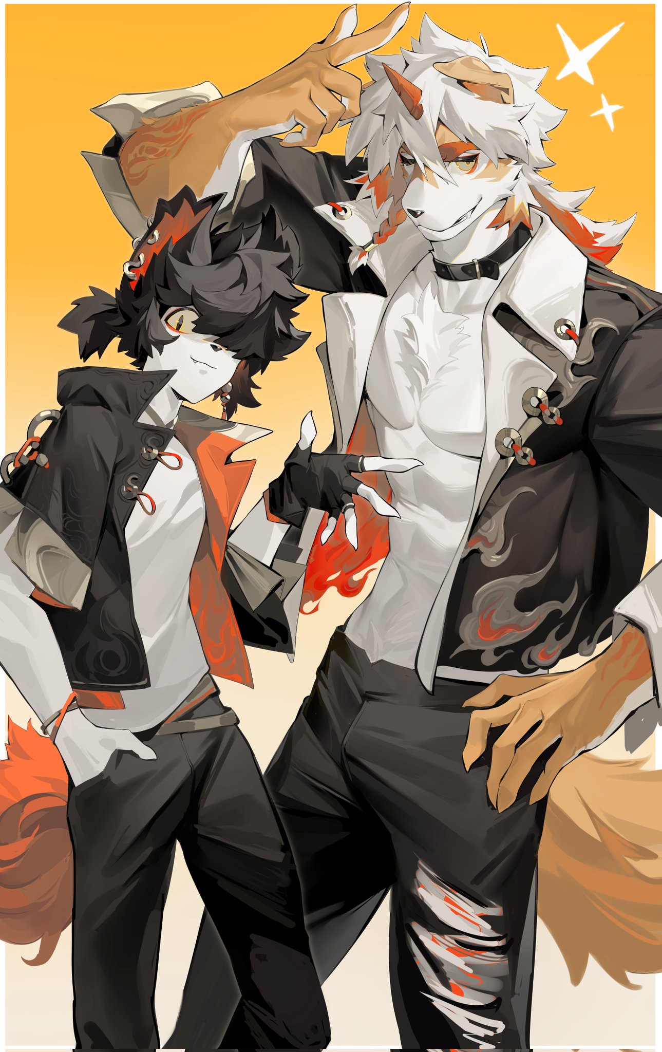 2boys aak_(arknights) abs animal_ears arknights bare_pectorals black_pants braid collar ear_piercing fang fang_out fingerless_gloves furry furry_male gloves hair_over_one_eye hand_in_pocket hand_on_own_hip hand_up hashtag_only_commentary highres horns hung_(arknights) looking_at_viewer male_focus multiple_boys one_eye_closed one_eye_covered pants pectorals piercing ponytail shirt single_horn smile sparkle tail torn_clothes torn_pants white_shirt yaoyaore