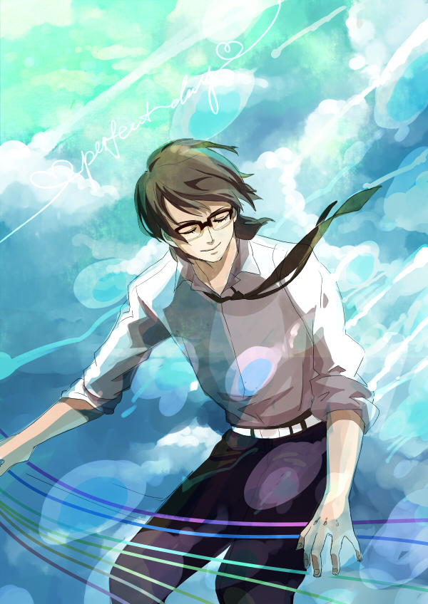 1boy above_clouds aged_up black_hair black_necktie closed_eyes clouds cowboy_shot floating floating_hair glasses instrument kalalaka male_focus medium_hair music necktie nishimi_kaoru playing_instrument playing_piano sakamichi_no_apollon shirt sleeves_rolled_up smile solo wind