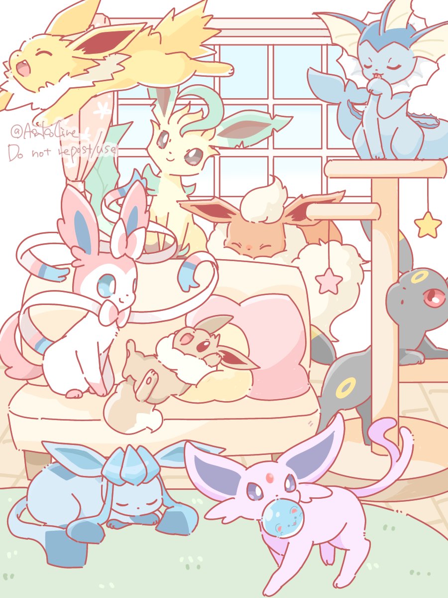 animal_focus artist_name asakoline bow bowtie closed_eyes commentary_request couch eevee espeon facial_mark fins flareon fluffy forehead_jewel forehead_mark forked_tail glaceon head_fins highres indoors jolteon jumping leaf leafeon licking_paw no_humans on_couch pawpads pokemon pokemon_(creature) prehensile_ribbon red_eyes sleeping smile star_(symbol) sylveon tail twitter_username umbreon vaporeon white_bow white_bowtie