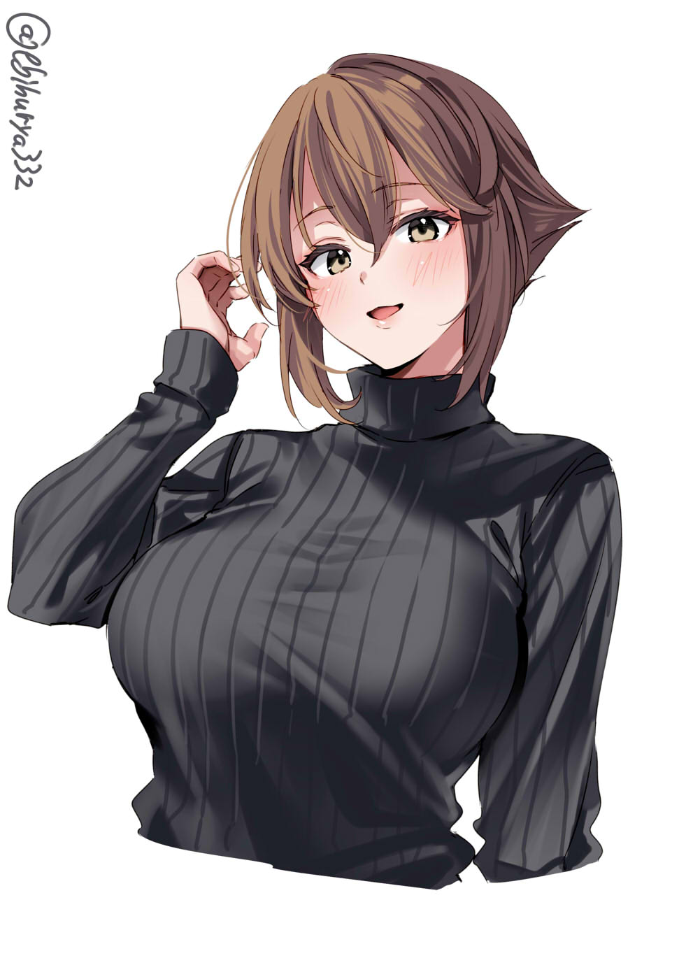 1girl black_sweater blush breasts brown_hair ebifurya hair_between_eyes hand_up highres kantai_collection large_breasts long_sleeves looking_at_viewer mutsu_(kancolle) one-hour_drawing_challenge open_mouth short_hair sidelocks simple_background smile solo sweater turtleneck turtleneck_sweater twitter_username upper_body white_background