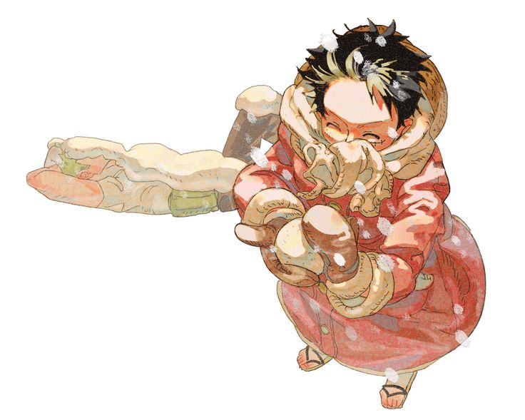 2boys ^_^ bad_id bad_twitter_id black_hair black_pants closed_eyes coat commentary forehead gloves green_hair haramaki hat holding_snowball korean_commentary long_coat lying male_focus monkey_d._luffy multiple_boys one_piece pants red_coat roronoa_zoro scar scar_on_face scarf shirt short_hair simple_background snow snowball straw_hat tio7tio8 white_background white_shirt