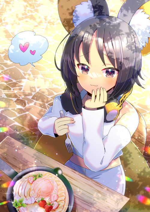 ... 1girl animal_ear_fluff animal_ears bare_shoulders black_hair brown_eyes closed_mouth collarbone commentary_request commission crop_top detached_sleeves emolga food food_request fork fruit headphones headphones_around_neck holding holding_fork kou_hiyoyo long_sleeves looking_at_viewer midriff pants personification pokemon skeb_commission smile solo spoken_ellipsis strawberry tank_top white_pants white_sleeves white_tank_top