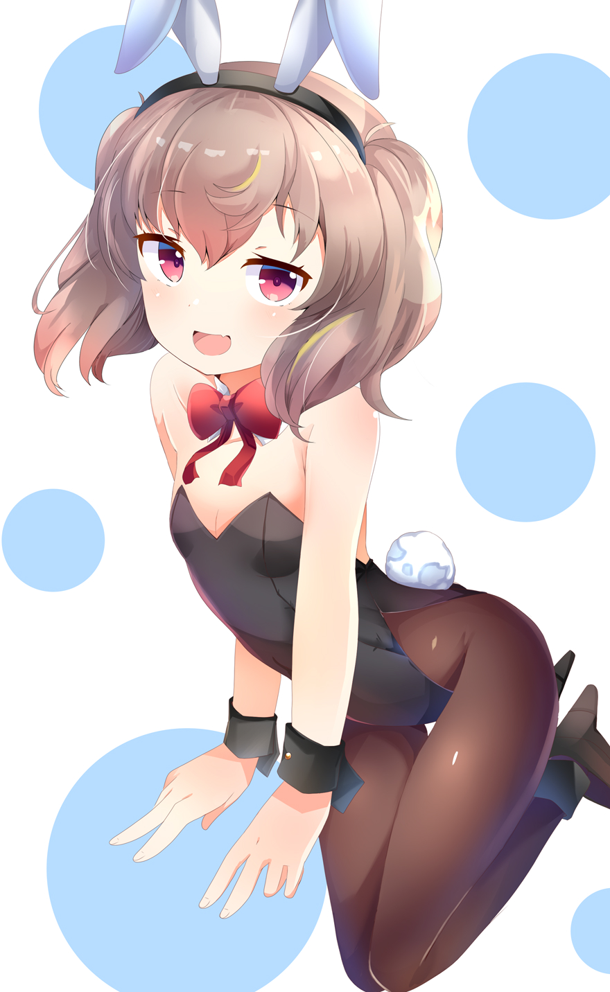 rn1girl animal_ear_hairband animal_ears aru_(arudes) bare_arms bare_shoulders black_footwear black_hairband black_leotard black_pantyhose black_wrist_cuffs blush bow bowtie breasts brown_hair cleavage commentary_request commission detached_collar fake_animal_ears fake_tail fang female_focus full_body hair_between_eyes hairband high_heels highleg highleg_leotard highres leotard light_brown_hair loli looking_at_viewer open_mouth pantyhose rabbit_ears rabbit_tail red_bow red_bowtie red_eyes short_hair skeb_commission slow_loop small_breasts solo strapless strapless_leotard tail wrist_cuffs yoshinaga_koi